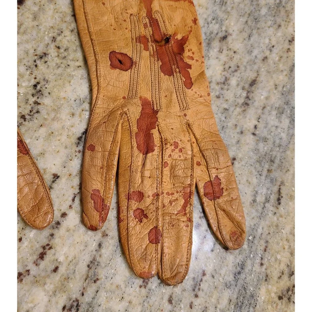 Vintage Size S Brown Leather Gloves Fake Bloody Horror Costume Slashed Worn